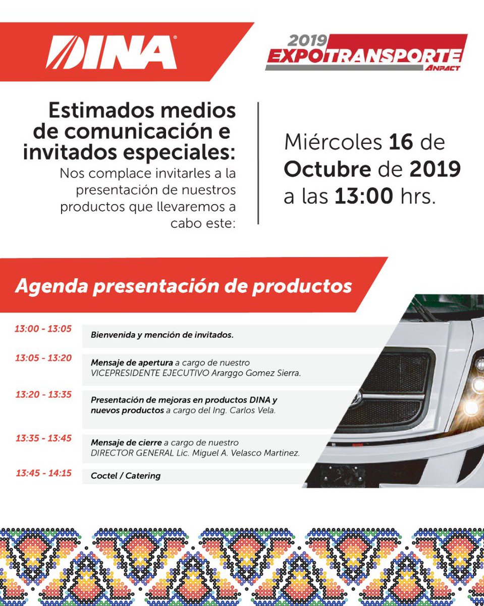 ClaudiaG_DINA's tweet photo. Los invitamos a que nos acompañen al evento de presentación de las unidades  @DINAmx el miércoles 16 de octubre a la 1 de la tarde, en el marco de @Expotransporte1 en #Puebla.
Los esperamos!
#MovilidadSustentable
#EstoEsDINA https://t.co/dYymQLBL5I