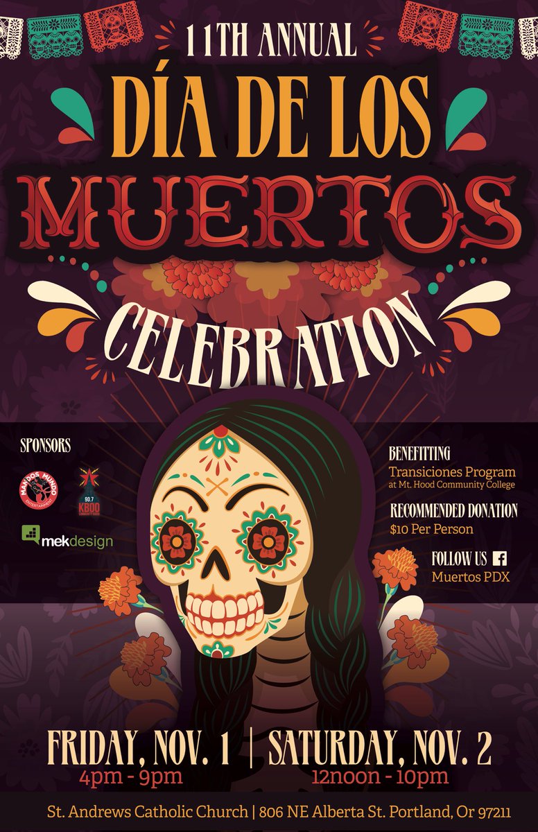 ArmandosMundo's tweet photo. Coming up Nov 1st &amp; 2nd, 11th Annual Muertos PDX - Dia De Los Muertos Celebration!
Gracias to our sponsors.  #KBOO #MEKDESIGN #Modelo https://t.co/chhpghPWT3