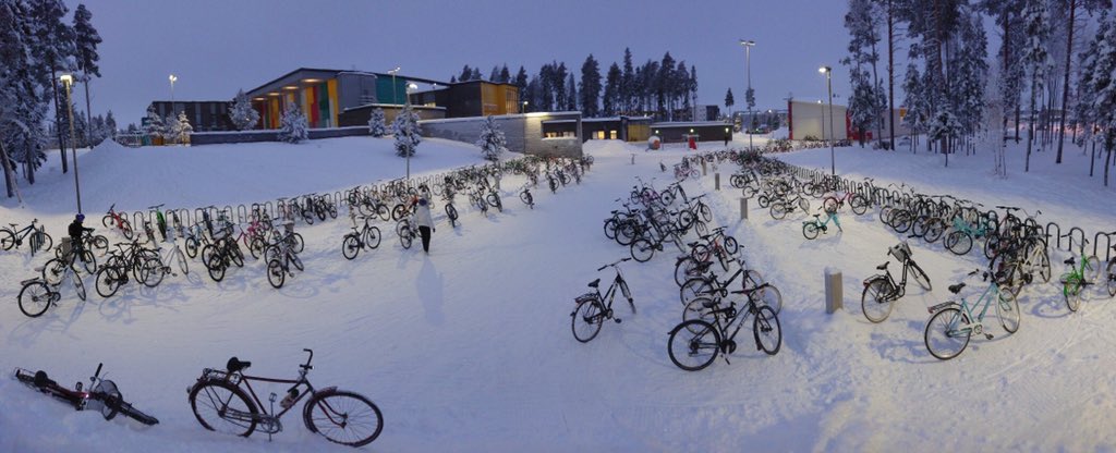 harrivaarala's tweet photo. @BrentToderian @modacitylife @asymco @CyclingSurgeon @exerciseworks @DemosHelsinki @pekkasauri Needless to say but kids here in #oulu are cycling to school even during the darkest and coldest winter months. Shooted by @pekkatahkola in Jan.2019, this pic shows 1000 out of 1200 kids arriving by bike at #metsokangas elementary school. And it was -17C. https://t.co/HXjgP8sd0I