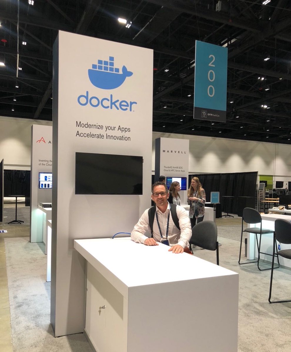 Docker's tweet image. Modernize your apps. Accelerate innovation. Head to the Infrastructure Zone at #ArmTechCon to visit the #Docker booth. @Arm