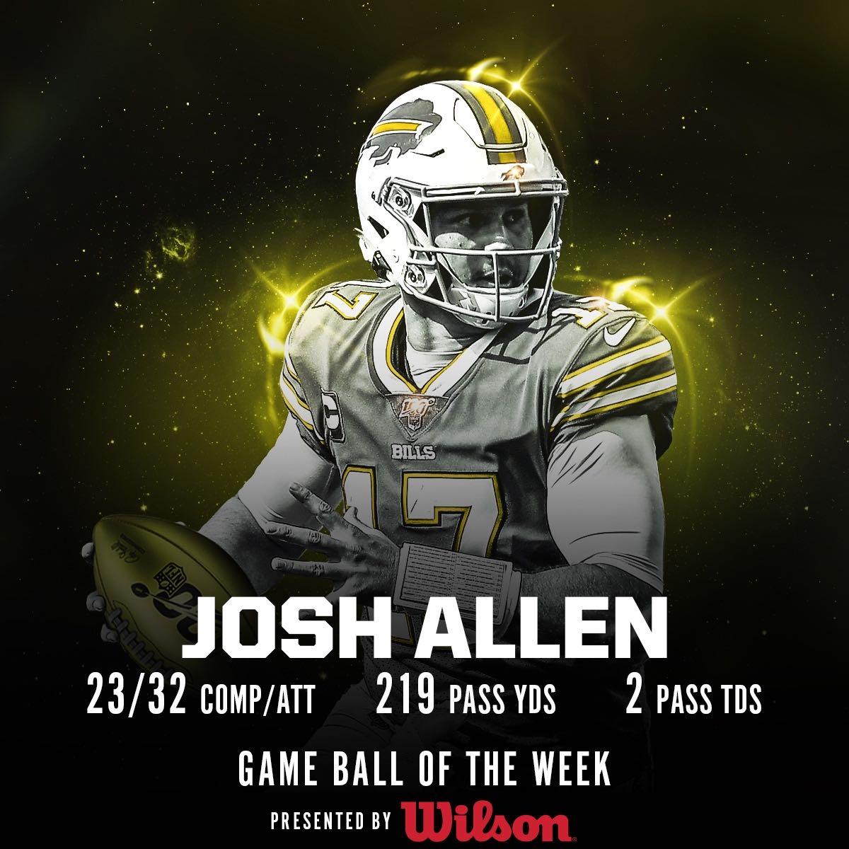 The game ball in the #NFL100 Game of the Week goes to the <a href="/BuffaloBills/">Buffalo Bills</a>' <a href="/JoshAllenQB/">Josh Allen</a>! 

(via <a href="/WilsonFootball/">Wilson Football</a>)