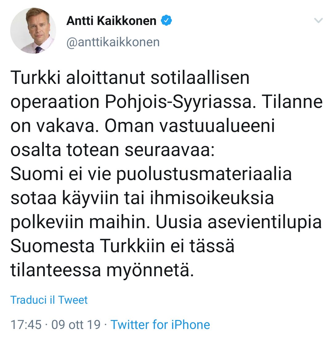 La #Finlandia sospende la vendita di armi alla #Turchia in seguito all'invasione della #Siria.

Ministro <a href="/luigidimaio/">Luigi Di Maio</a> a quando una decisione anche del nostro Paese?
Bisogna fermare #Erdogan e il genocidio che si prepara con tutti i mezzi.
