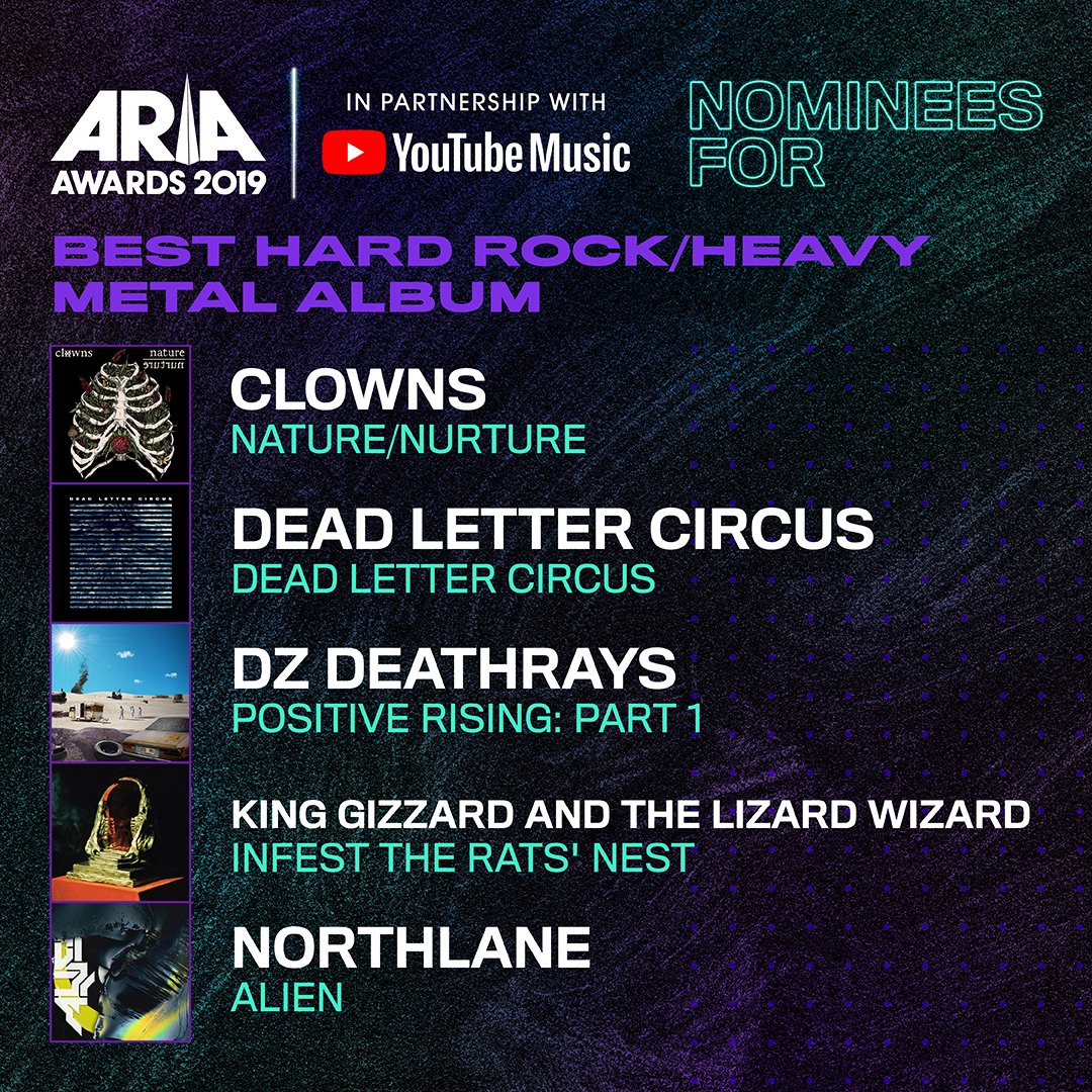 Congratulations to the 2019 #ARIAs Best Hard Rock/Heavy Metal Album nominees: @Clownsband, @deadlettercircu, @DZDEATHRAYS, @kinggizzardband, @Northlane