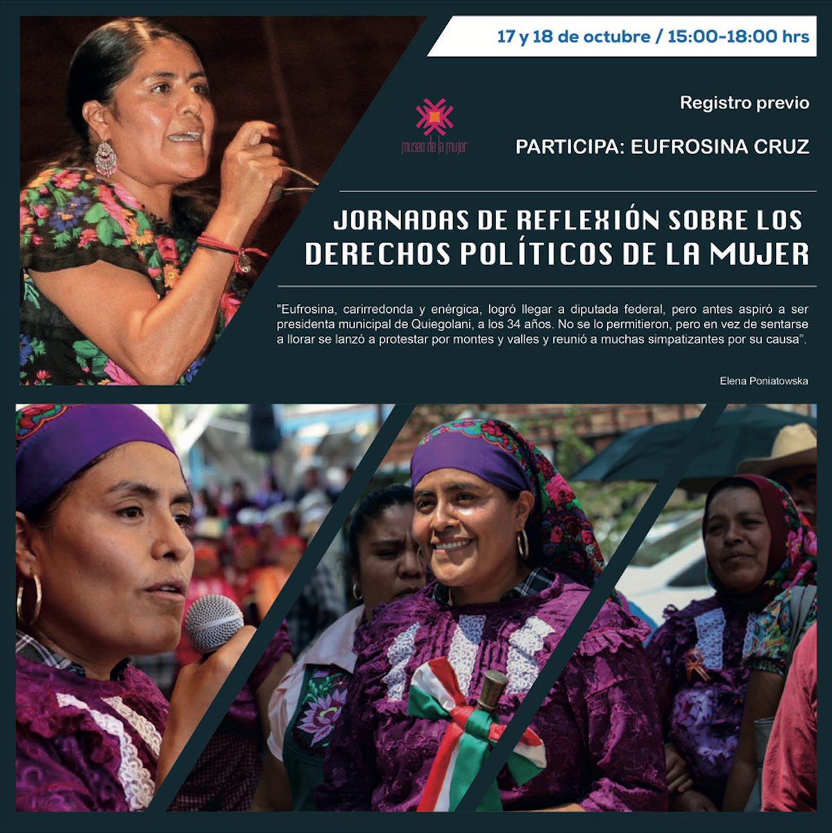 museodelamujer's tweet photo. EVENTO ESPECIAL ✨ 
¡Contaremos con la presencia de @EufrosinaCruz! 😁
"Jornadas de reflexión sobre los derechos políticos de la mujer" ♀️🇲🇽

📅 17 y 18 de octubre, 15-18hrs
Se otorgará constancia al asistir al 100% de las mesas. 
☎️ Registro telefónico previo al 5795-9596 https://t.co/mfJ5QfhPQO