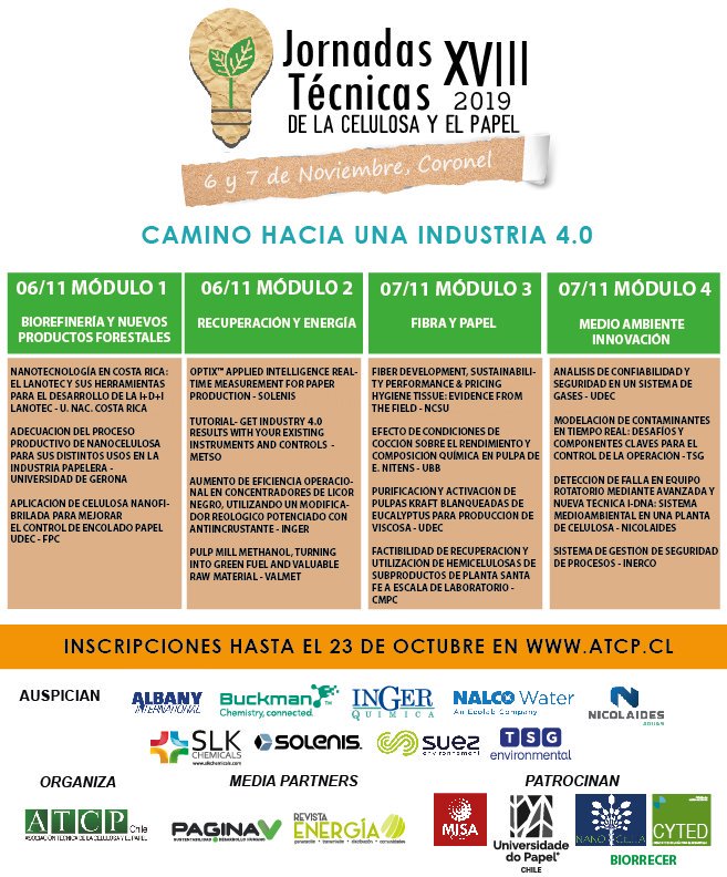 atcpchile's tweet photo. No te quedes fuera !!!
Inscríbete en las XVIII Jornadas Técnicas organizada por #ATCPChile en el Marco de la Feria Internacional Expocorma 2019.
#fibraypapel #atcpinforma #desdeelbiobio #ingerquimica #nicolaides #misagroup #celulosa #nanotecnología #tsg #energía #innovación https://t.co/M5BHoBVZIl