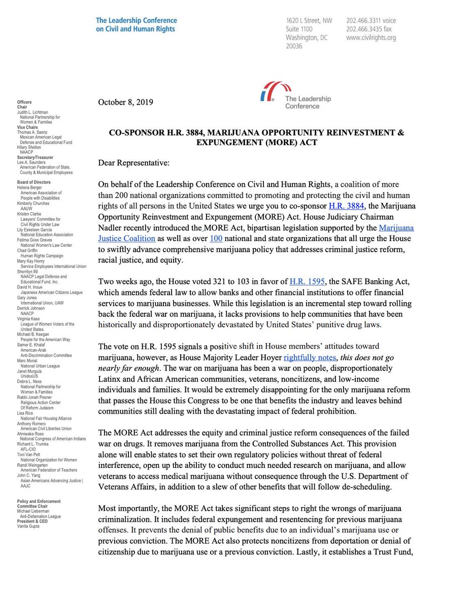 The first page of The Leadership Conference's letter urging support for the MORE Act. The full letter is available at the link in the original tweet.