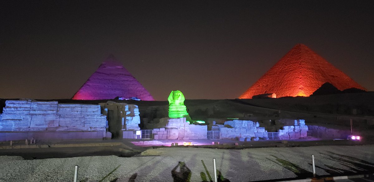 aroweTHD's tweet photo. After a long flight we had a great first day in egypt. Incredible food with an incredible view and a light show on the pyramids https://t.co/NPpctnze2G