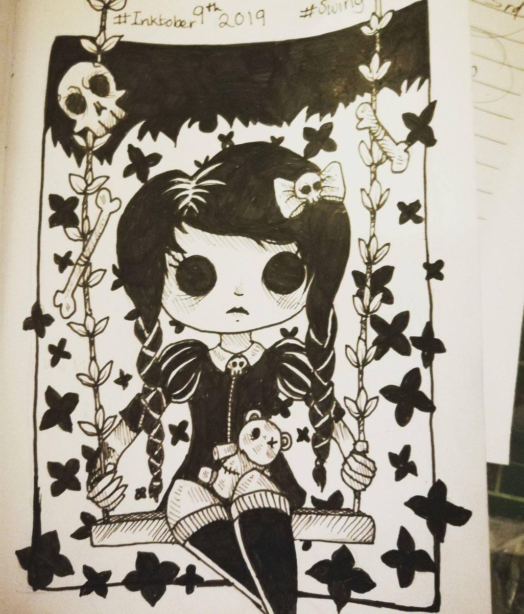 IFiddlestickI's tweet photo. #art #artist #artistsoninstagram #handpainted #handmade #sketchbook #sketch #doodle #pencil #pencildrawing #inktober #inktober2019 #swing #gothic #blackandwhite #floral #skulls #bones #cute https://t.co/YKyhR8Zd1j