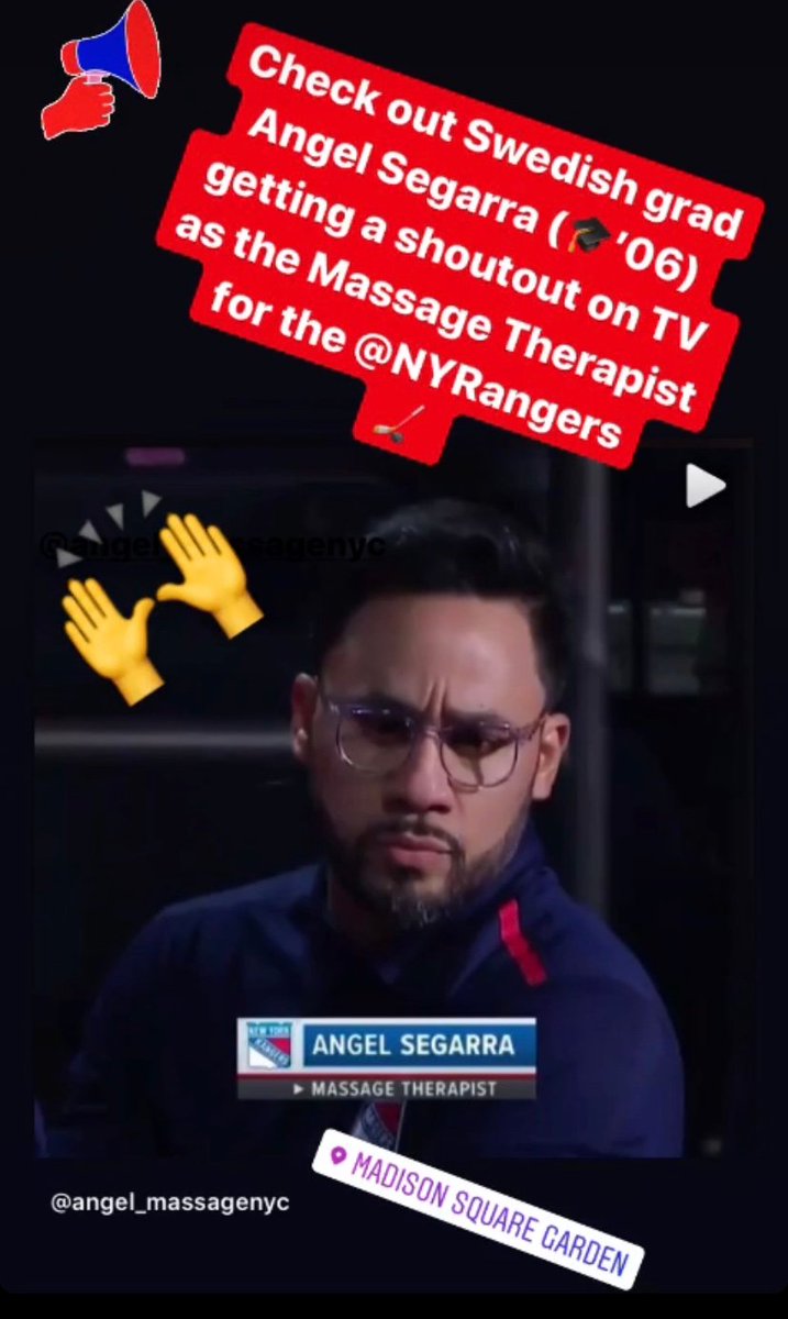 Check out #SwedishInstitute graduate Angel Segarra (🎓’06) getting a shoutout on TV as the #massagetherapist for the <a href="/NYRangers/">New York Rangers</a> 🙌 #bornandraisednewyorker #livingthedream #massagetherapy #sportsmassage #nyrangers #playlikeanewyorker