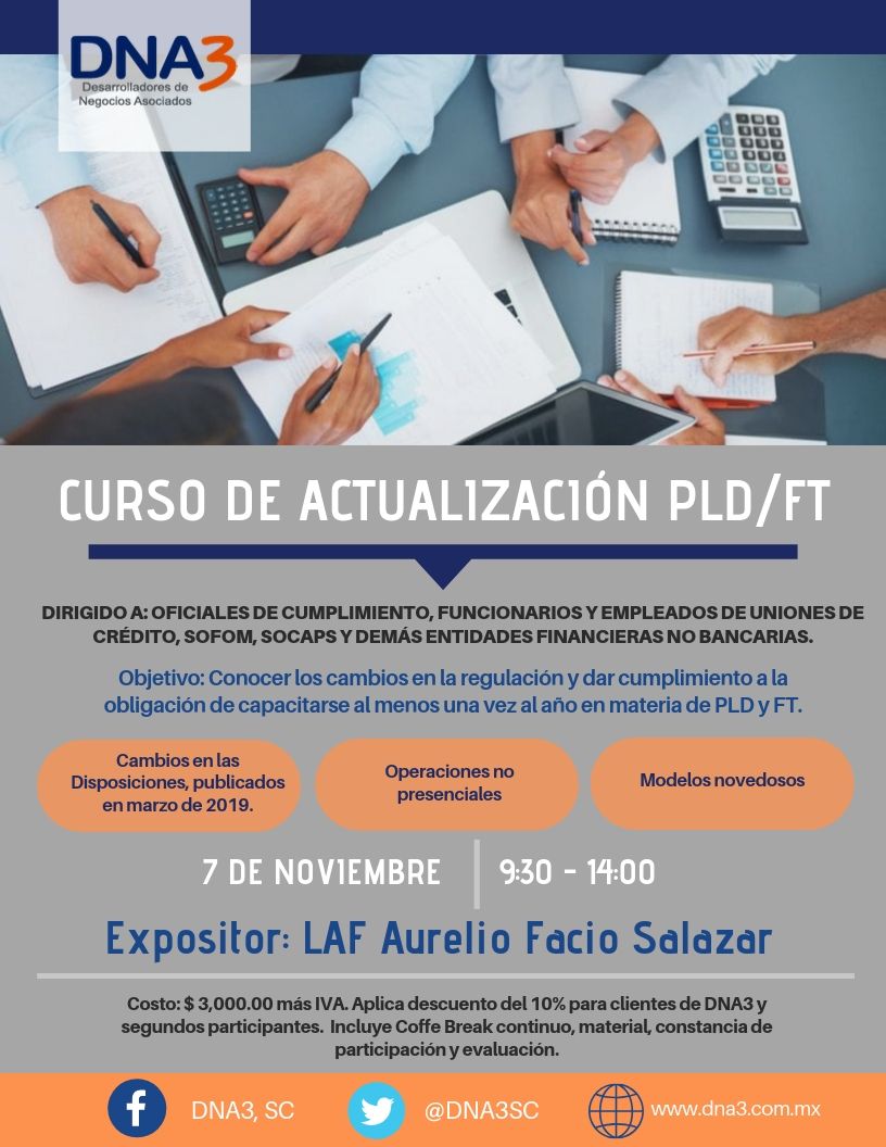 DNA3SC's tweet image. A toda nuestra comunidad #DNA3 si no han cumplido con la obligación de capacitarse al menos una vez al año, no esperen más.
📍Daremos un curso de Actualización el próximo 7 de Noviembre, es cupo limitado, pueden apartar su lugar ahora mismo. 👉🏼Mayores Informes vía Inbox 
#PLD #FT