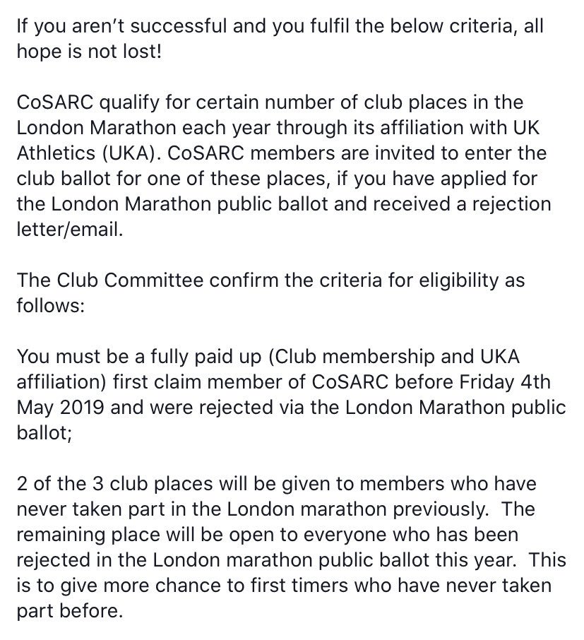 COSalisburyARC's tweet photo. The ballot results are out &amp; it doesn’t seem many #cosarc members have got in, well done to those who have. All isn’t lost, see pics to see if you are eligible for the club ballot, this is your best chance to get a place without the pressure of raising thousands for charity. https://t.co/N7hDztpewH