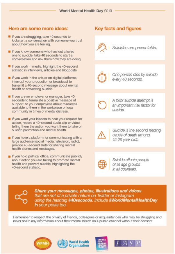#ECC is raising awareness of #MentalHealthDay so people know they're not alone. Every #40seconds someone commits suicide. We need to do more, be kind &amp; help eachother #worldsuicidepreventionday ow.ly/w6kR50wGhYo
