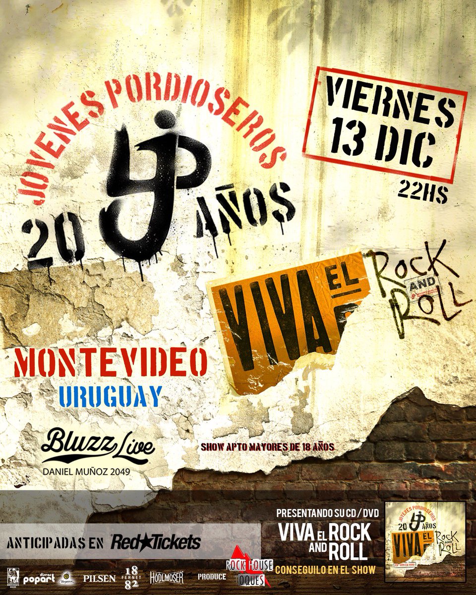 #LJP20años en Montevideo, Uruguay 🇺🇾

Nos vemos el Viernes 13 de diciembre en <a href="/BluzzLiveUy/">Bluzz Live</a> (Daniel Muñoz y Defensa) en la Ciudad de Montevideo para celebrar los 20 Años y presentarles nuestro nuevo CD/DVD VIVA el ROCK and ROLL.

🎫Anticipadas en venta
bit.ly/LJP20Montevideo