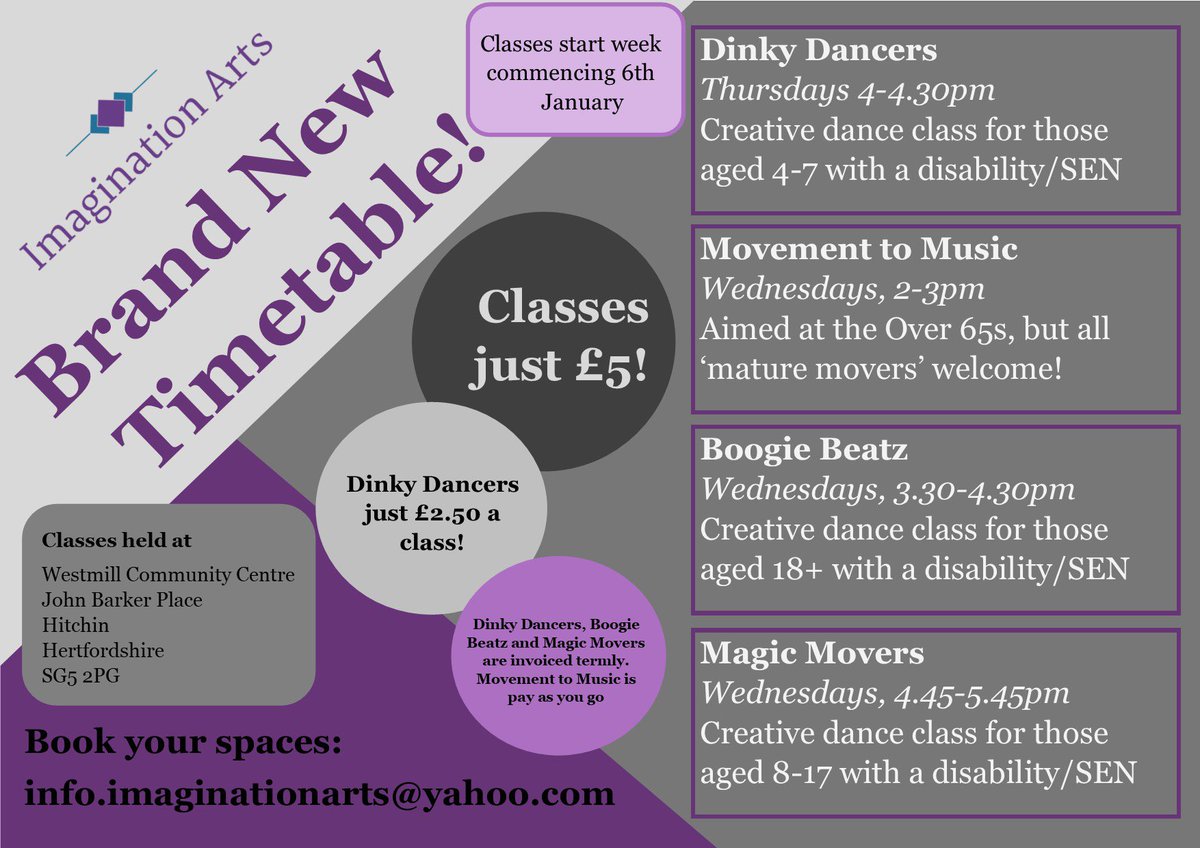 ImaginationDCIC's tweet photo. Check out our brand new timetable from January 2020! We are so excited about our new classes! 🌟🌟
#dance #inclusivedance #disabilitydance #SENdance #sensorydance #movementtomusic #olderpeopledancing #hitchin #hertfordshire #stevenage #letchworth #baldock https://t.co/sD02KUhmeL
