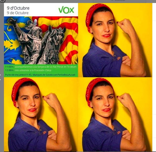 Barbijaputa's tweet photo. Esta foto de la cuenta oficial de Vox Valencia es una tomadura de pelo. Pretenden apropiarse de las consignas y de la simbología de un movimiento que intentan destruir. Darle otro significado, crear confusión. Es insultante y retorcido. https://t.co/pYppSj3YfF