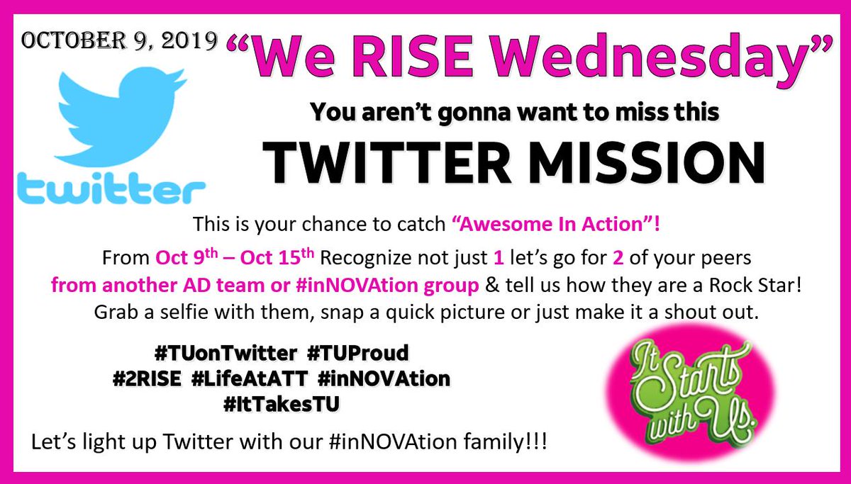 RISE Recognition Team (@rise_ittakestu) on Twitter photo #TUProud Twitter Mission! Calling all #InNOVAtion peeps...#ItTakesTU #2RISE and lead #LifeatATT with excellence. Who are you going recognize? <a href="/kmkhissim/">Keri Hissim</a>
<a href="/NovaO/">Nova Oktaviani</a> <a href="/jenbeardmueller/">Jen Beard-Mueller</a> @MaBellMatt <a href="/Heatherrice25/">Heather Rice</a> <a href="/yovar2016/">Yonilda Varner</a> <a href="/HolliK5454/">Holli K</a> <a href="/ADChad2013/">Chad Carpenter</a> <a href="/JustMariaTaylor/">Maria Taylor</a> <a href="/Cnorsten/">Craig Norsten</a> #TUProud Twitter Mission! Calling all #InNOVAtion peeps...#ItTakesTU #2RISE and lead #LifeatATT with excellence. Who are you going recognize? <a href="/kmkhissim/">Keri Hissim</a>
<a href="/NovaO/">Nova Oktaviani</a> <a href="/jenbeardmueller/">Jen Beard-Mueller</a> @MaBellMatt <a href="/Heatherrice25/">Heather Rice</a> <a href="/yovar2016/">Yonilda Varner</a> <a href="/HolliK5454/">Holli K</a> <a href="/ADChad2013/">Chad Carpenter</a> <a href="/JustMariaTaylor/">Maria Taylor</a> <a href="/Cnorsten/">Craig Norsten</a>