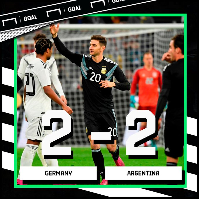 GoalFrance's tweet photo. Menée 2-0 par l'#Allemagne, l'#Argentine s'est réveillée en seconde période et est parvenue à égaliser ce mercredi, face aux Champions du Monde 2014.

#GERARG #ALLARG https://t.co/2Xt9oQhH4j