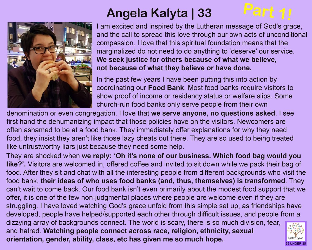 ElcicYoungAdult's tweet photo. Angela, #55, a *TWO PART* Bio!

"We seek justice for others because of what we believe, not because of what they believe or have done"

Food Bank, LWF study booklets, theology, constitutional changes, inter-faith services &amp; more.

Read &amp; read again.
#35Under35 #rftfuture #myELCIC https://t.co/kktyGVvVl8