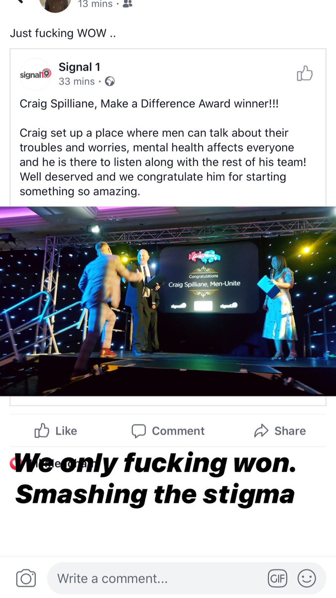 _MenUnite's tweet photo. Tonight our founder @craigspillane5 was a guest at the @Signal1Official local hero awards night. Tonight @craigspillane5 won the “making a difference” award. 

We are all so proud of him here at Men unite HQ and all the men in the group we support, currently over 10,000. https://t.co/0JmYC5Qnfv