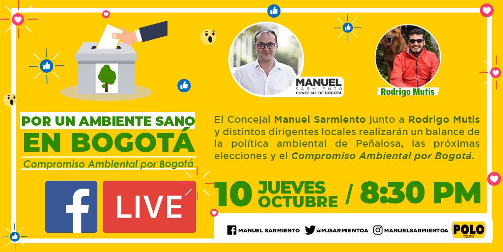 mjsarmientoa's tweet photo. Este jueves estaré conversando con @RodrigoMutis sobre la necesidad de garantizar el derecho a un ambiente sano, las próximas elecciones y el Compromiso Ambiental por Bogotá.

No se lo pierdan, en vivo desde las 8:30pm https://t.co/WF3LoZ3kvk