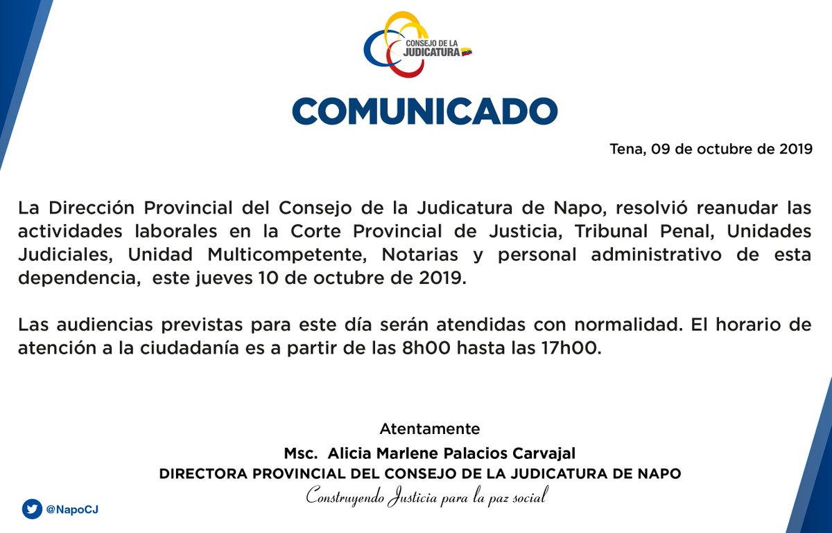 🔴ATENCIÓN | <a href="/NapoCJ/">Napo CJ</a> reanuda sus actividades desde el jueves 10 de octubre de 2019 🔽