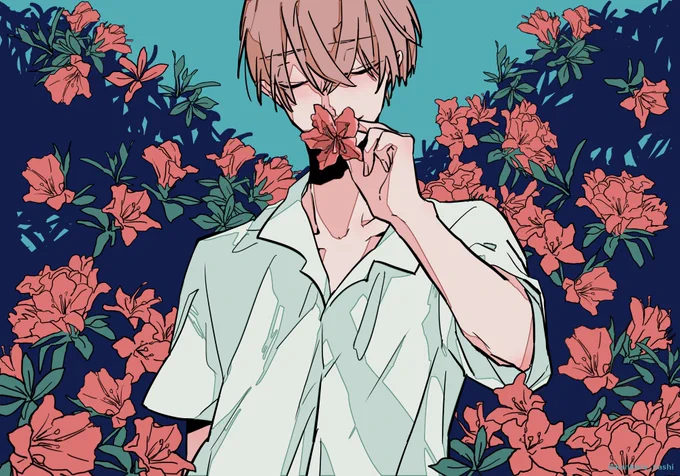 #貴方の世界観を詰め込んだ作品を見せてください 
花や葉と男の子のいる世界が好きです 