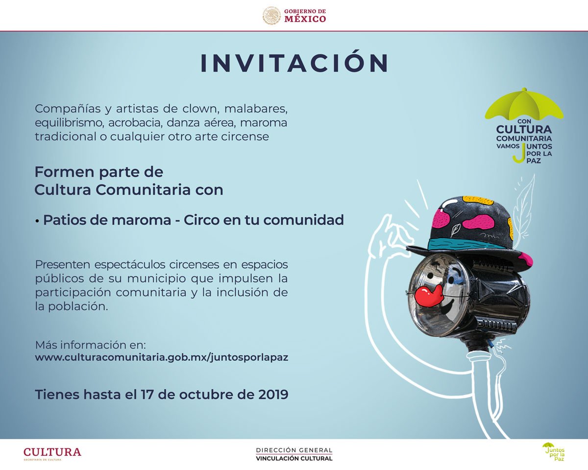 VinculaCultura's tweet photo. ¿Te gustaría presentar funciones de cine comunitario, circo social o teatro comunitario en tu municipio? 🎬🤹🎭

¡Con #CulturaComunitaria vamos #JuntosPorLaPaz!

Regístrate aquí: https://t.co/4MgEvdNVKZ

¡Pasa la voz!

@cultura_mx @juntosxlapazmx https://t.co/lgd75E0X1k