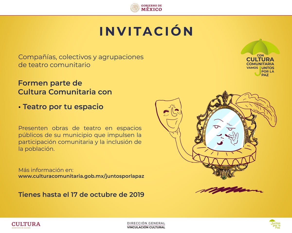 VinculaCultura's tweet photo. ¿Te gustaría presentar funciones de cine comunitario, circo social o teatro comunitario en tu municipio? 🎬🤹🎭

¡Con #CulturaComunitaria vamos #JuntosPorLaPaz!

Regístrate aquí: https://t.co/4MgEvdNVKZ

¡Pasa la voz!

@cultura_mx @juntosxlapazmx https://t.co/lgd75E0X1k