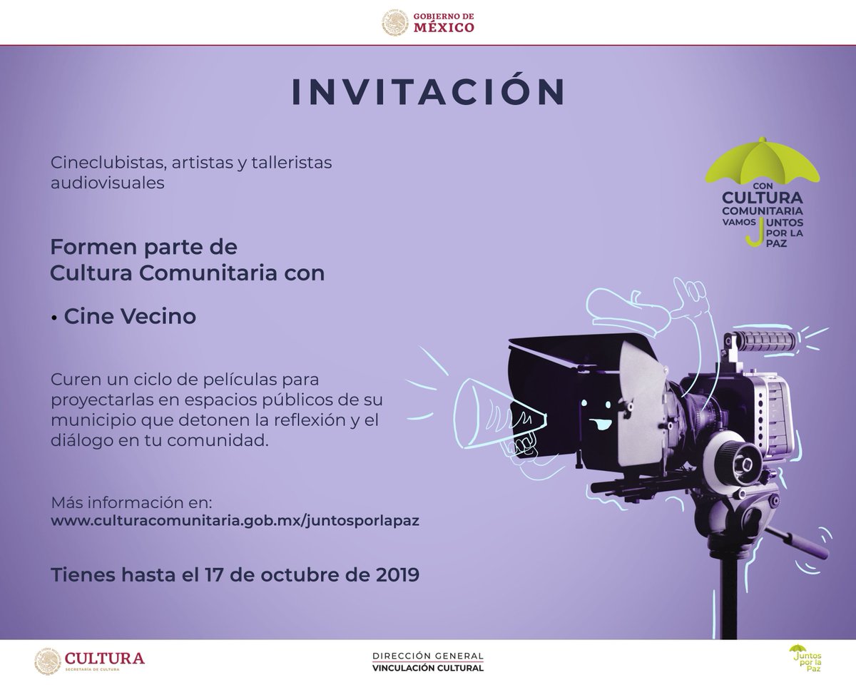 VinculaCultura's tweet photo. ¿Te gustaría presentar funciones de cine comunitario, circo social o teatro comunitario en tu municipio? 🎬🤹🎭

¡Con #CulturaComunitaria vamos #JuntosPorLaPaz!

Regístrate aquí: https://t.co/4MgEvdNVKZ

¡Pasa la voz!

@cultura_mx @juntosxlapazmx https://t.co/lgd75E0X1k