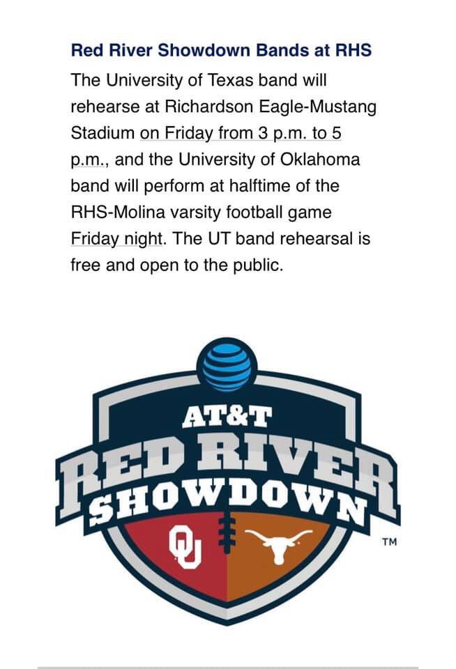 RHSGEB's tweet photo. The Golden Eagle Band will be hosting both the University of Texas Longhorn Band and the Pride of Oklahoma Marching Band this Friday! https://t.co/QPi7kiGKMy