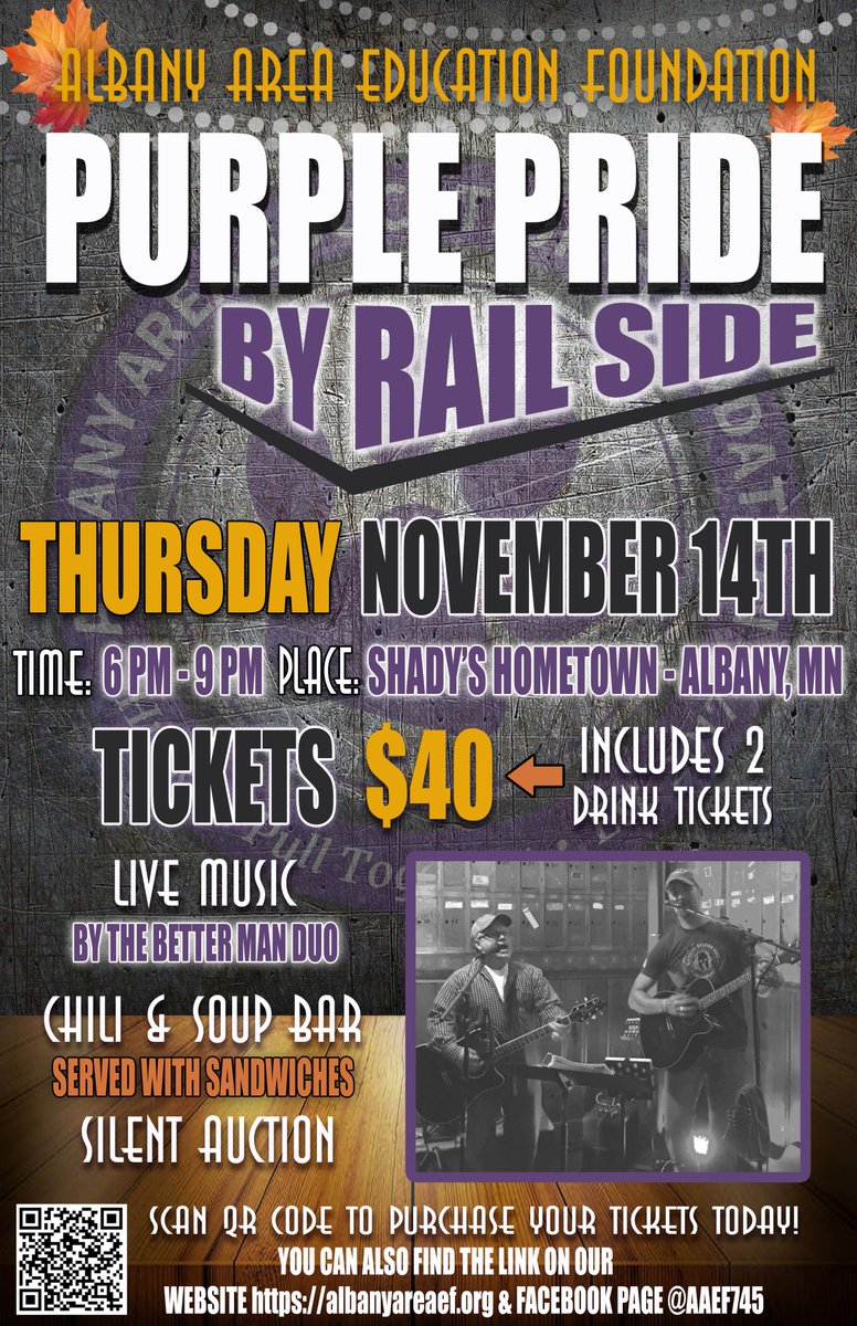 AAEF745's tweet photo. 3rd Annual Purple Pride By Railside fundraising event. Nov. 14 @Shady's. Funding innovative teaching and expanding educational opportunities for students in Albany Schools. Live music. Drinks. Soup bar. Silent auction. Great company. Join us! https://t.co/IGa2Fzma5x https://t.co/0j0IObzyU4
