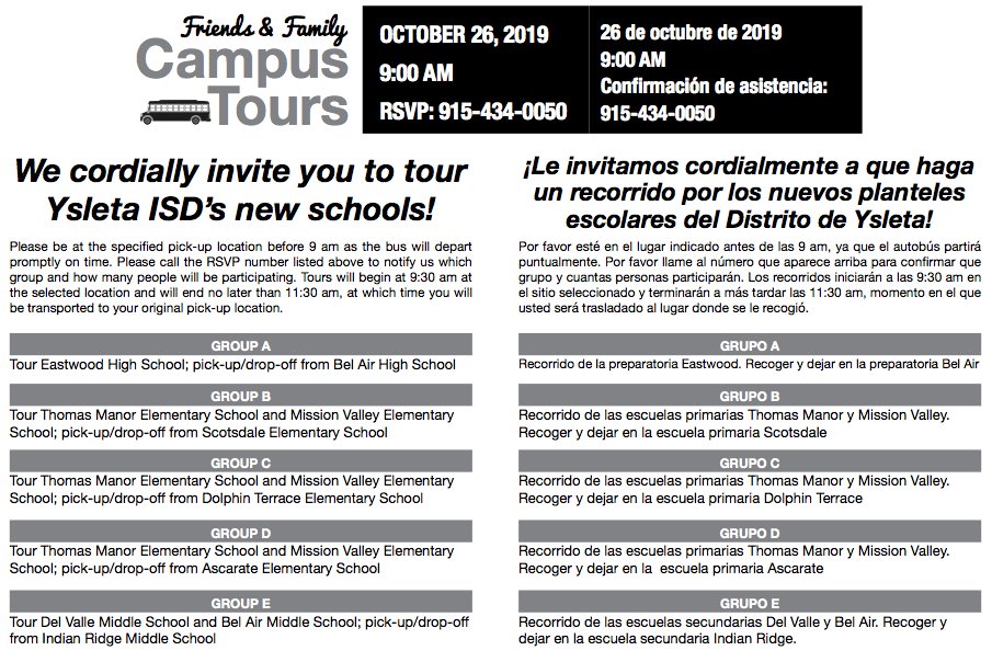 You are cordially invited to Ysleta ISD's Friends &amp; Family Campus Tours! Please see information below! 
#THEDISTRICT