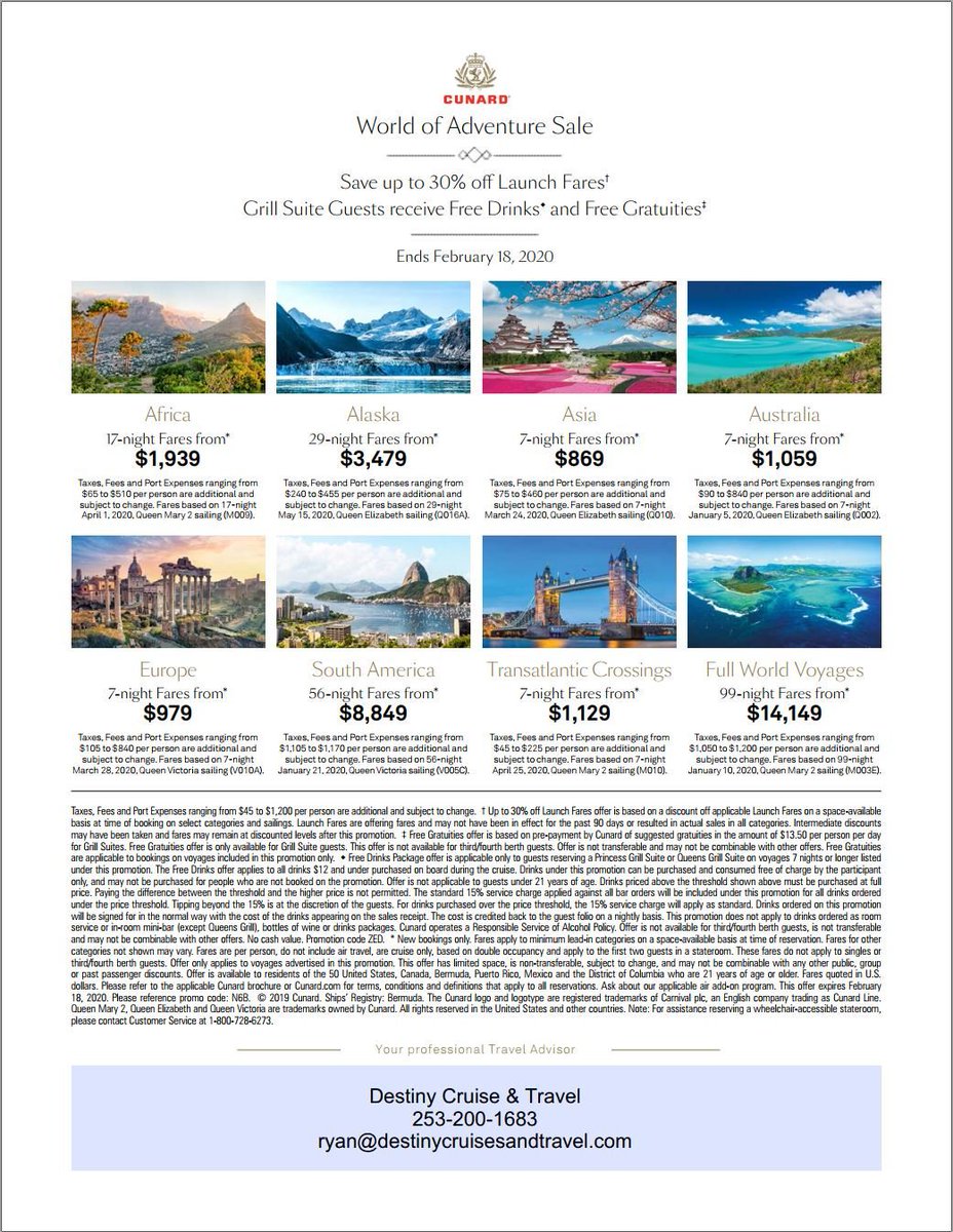 destiny_cruises's tweet photo. Cunard Cruise Line
World Of Adventure Sale

Save up to 30$ off Launch Fares!
Grill Suite Guests receive Free Drinks and Gratuities!
*Terms and Conditions Apply https://t.co/llvXlyD5hK