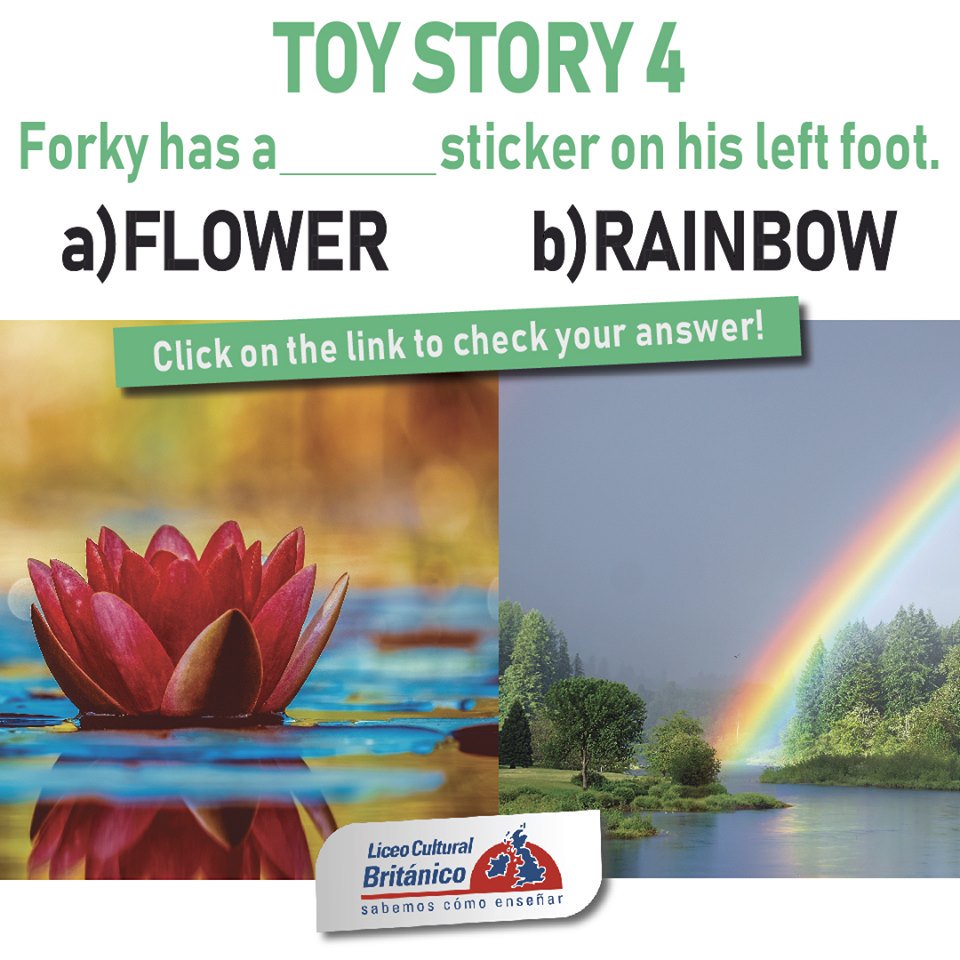 inglesLCB's tweet photo. #Trivia Choose the correct option: “Toy Story 4. Forky has a a) FLOWER b) RAINBOW sticker on his left foot.” Click here ➡ https://t.co/hAx2jeafBu to check your answer!

#FollowOurBlog #ToyStory4 #Forky #LearningEnglish #LiceoCulturalBritánico https://t.co/MwHrVAaRU8