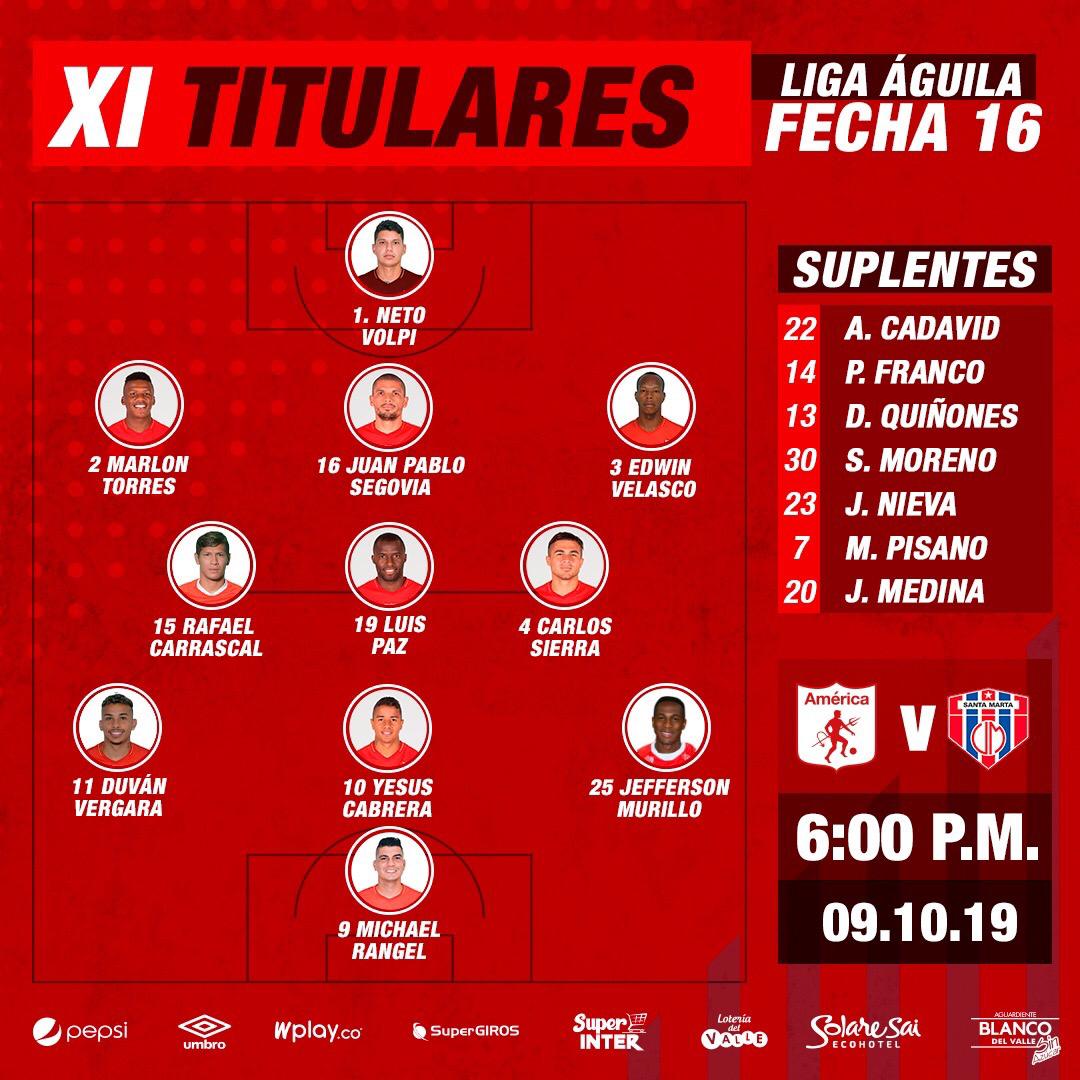 espectadepor's tweet photo. Formación inicialidta de América para enfrentar al Unión Magdalena. https://t.co/y5IzkxG6Rx