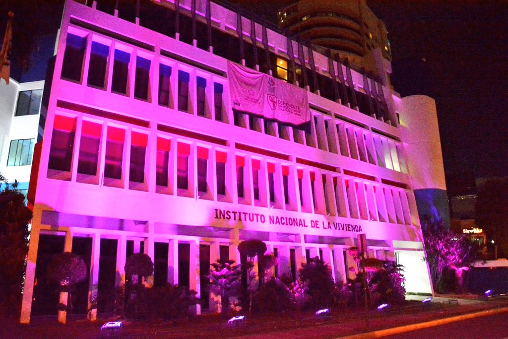 mivedrd's tweet photo. #INVIRD ilumina sus instalaciones en apoyo a la campaña ¡Defiéndete Sin Temor del Cáncer de Mama! iniciativa que desarrolla el Despacho de la @PrimeraDamaDO, durante el mes de octubre, mes de la sensibilización sobre el Cáncer De Mama. #SomosINVI #TechoDignoParaLaGente https://t.co/Rbuz9TyllJ