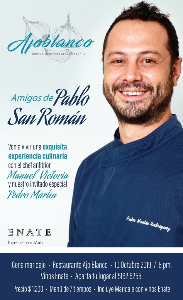 Aún estas a tiempo de asistir a la cena maridaje con los amigos de Pablo San Román ¡No te lo pierdas! 👇

Ajoblanco te abre las puertas para vivir una experiencia culinaria con Manuel Victoria y <a href="/Ic7Pedro/">Pedro martin</a>.

Reserva para esta cena maridaje de 7 tiempos con <a href="/BodegaEnate/">Bodega Enate</a>. 🍷