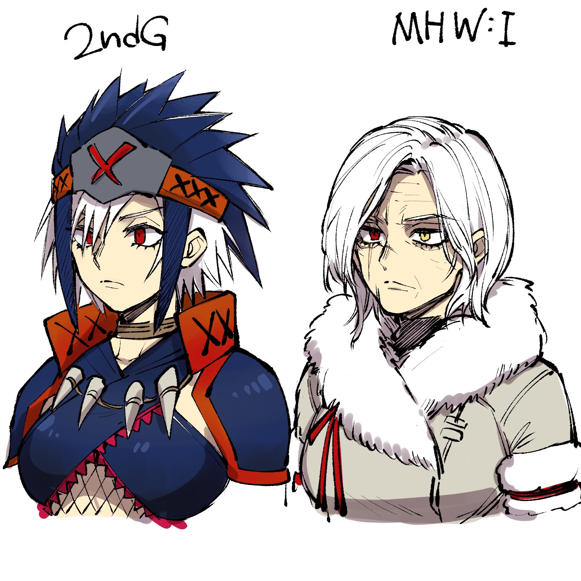 森下真 No Twitter モンハン自キャラメモ ワールドが2ndgの数十年後説聞いて 2ndg時代の自キャラが歳重ねたイメージでキャラメイクしました 片目に傷が入って片目の色が金に変わってるのはきっとなんかカッコいい事があっ