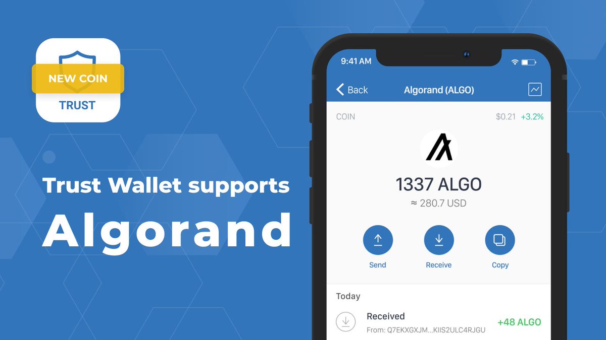 TrustWallet's tweet photo. Trust Wallet adds support for @Algorand $ALGO on iOS and Android. 🌐 https://t.co/wKvZzn9fav 🌐 https://t.co/sJub1kav34
#TrustApp #StakeWithTrust https://t.co/yIjIZIJr4R