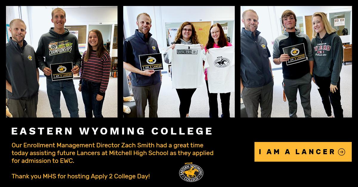 EasternWyoming's tweet photo. Our Enrollment Management Director Zach Smith had a great time today assisting future Lancers at Mitchell High School as they applied for admission to EWC. Thank you MHS for hosting Apply 2 College Day!
#EWC #EasternWyomingCollege #MitchellHighSchool https://t.co/gVqsDoya4Z