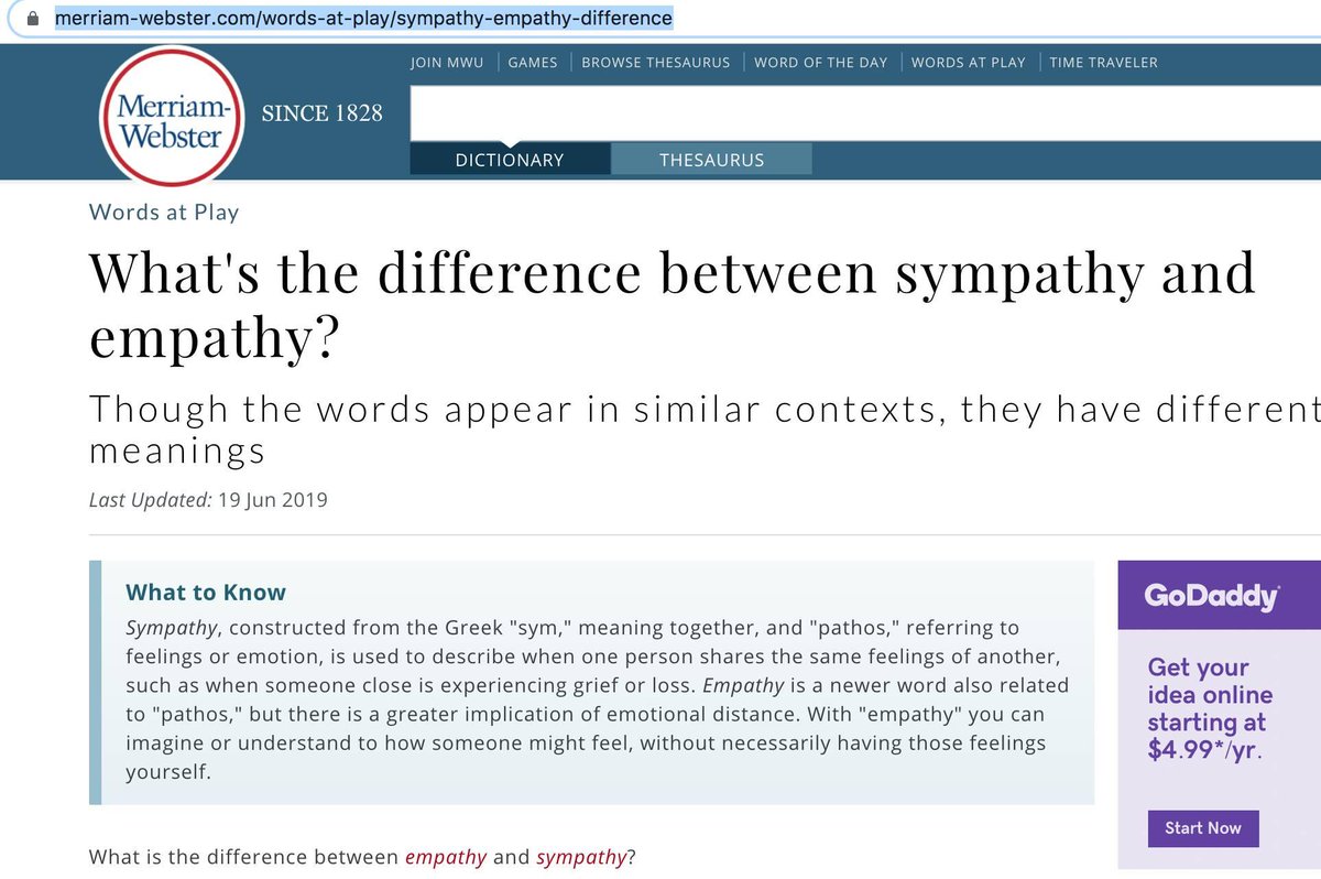 meatspirit's tweet photo. A debate is raging among my friends re: the difference between empathy vs. sympathy. Conflicting definitions online at: @MerriamWebster @OxfordWords Dictionaries, who is right??? https://t.co/xuHHCjVzuE
