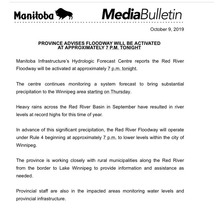 The Red River floodway will be activated the evening of Wednesday Oct 9 due to heavy rains throughout September and the significant amount of precipitation that has been forecasted for the upcoming weekend.  Please be safe in and around all waterways.