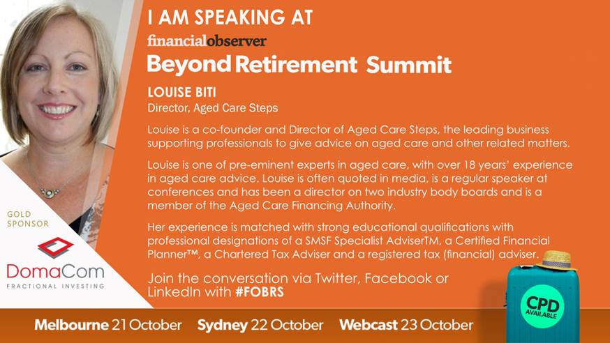 fin_observer's tweet photo. Director - @LouiseBiti from @Agedcaresteps joins us at financialobserver’s Beyond Retirement Summit in Melbourne and Sydney. Register now:  https://t.co/D3SLF1NCGb
#FOBRS #FinancialPlanning #AgedCareRC #FinancialAdvice #FinancialAdvisers #agedcare https://t.co/AyEbIonISp