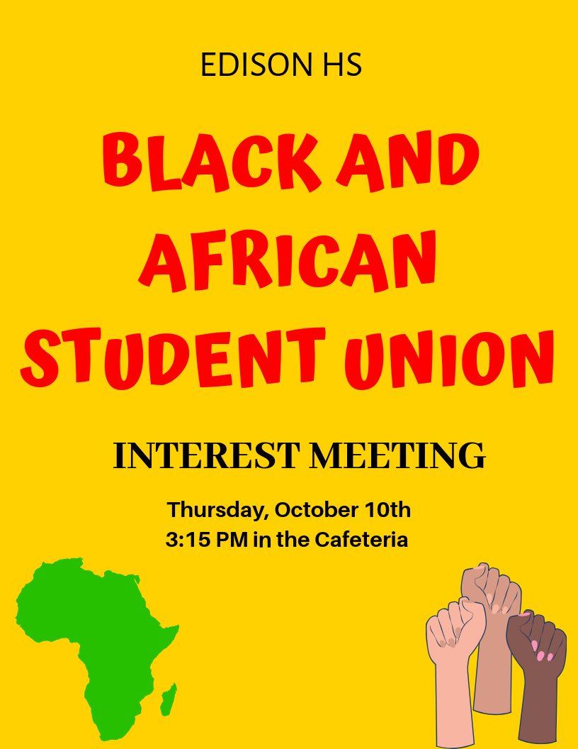 Welcome to Edison’s BASU twitter page!! Tmr, Oct. 10th, we will be having our interest meeting in the cafeteria at 3:15 pm. This meeting is open to all, so come out to hear what we have planned for this school year! Hope to see you all there!! 😆