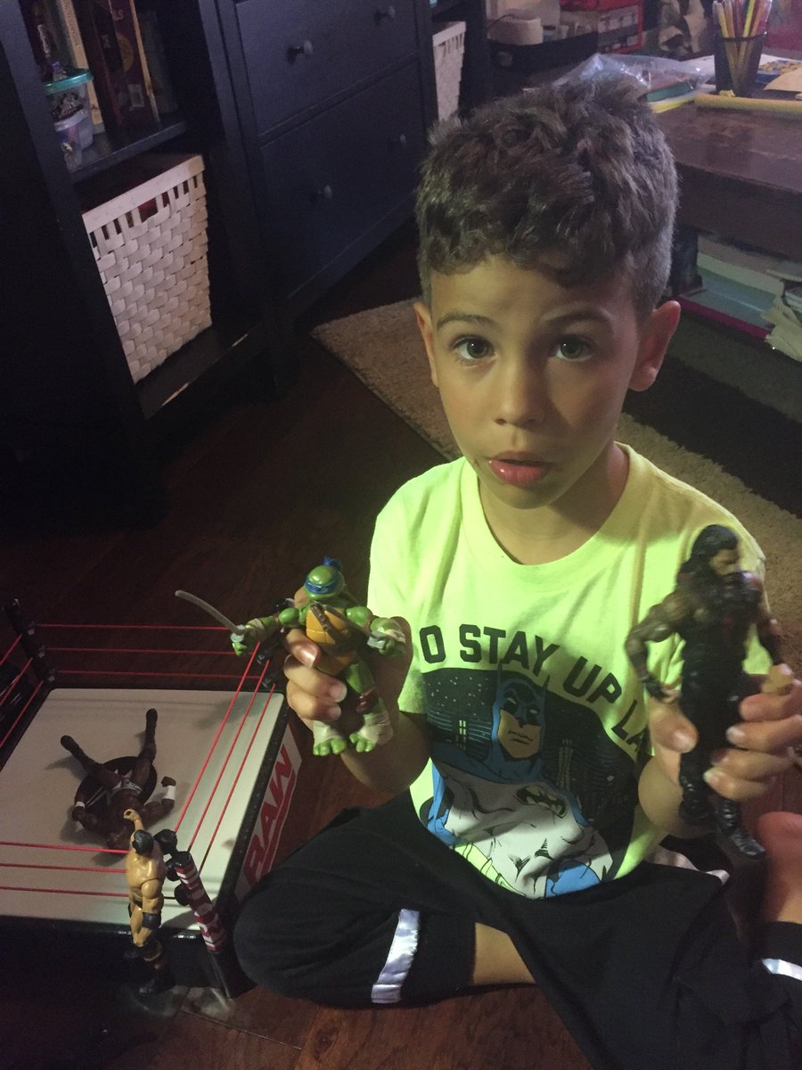 richnava95's tweet photo. @MajorWFPod my kid books like the WWE. Roman is 156-0 and currently the champ. Apollo lying in the ring is 0-473,825. @ZackRyder https://t.co/yrqbq4RxxD