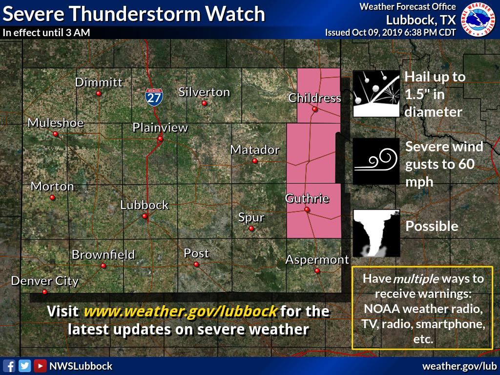 NWSLubbock's tweet photo. #Severe Thunderstorm Watch issued for #Childress, #Cottle & #King Counties until 3AM...#hail to half-dollar size & #wind gusts to 60 mph possible. Be Weather Ready & have multiple ways to receive warnings #lubwx #txwx https://t.co/lLubWzSoPV