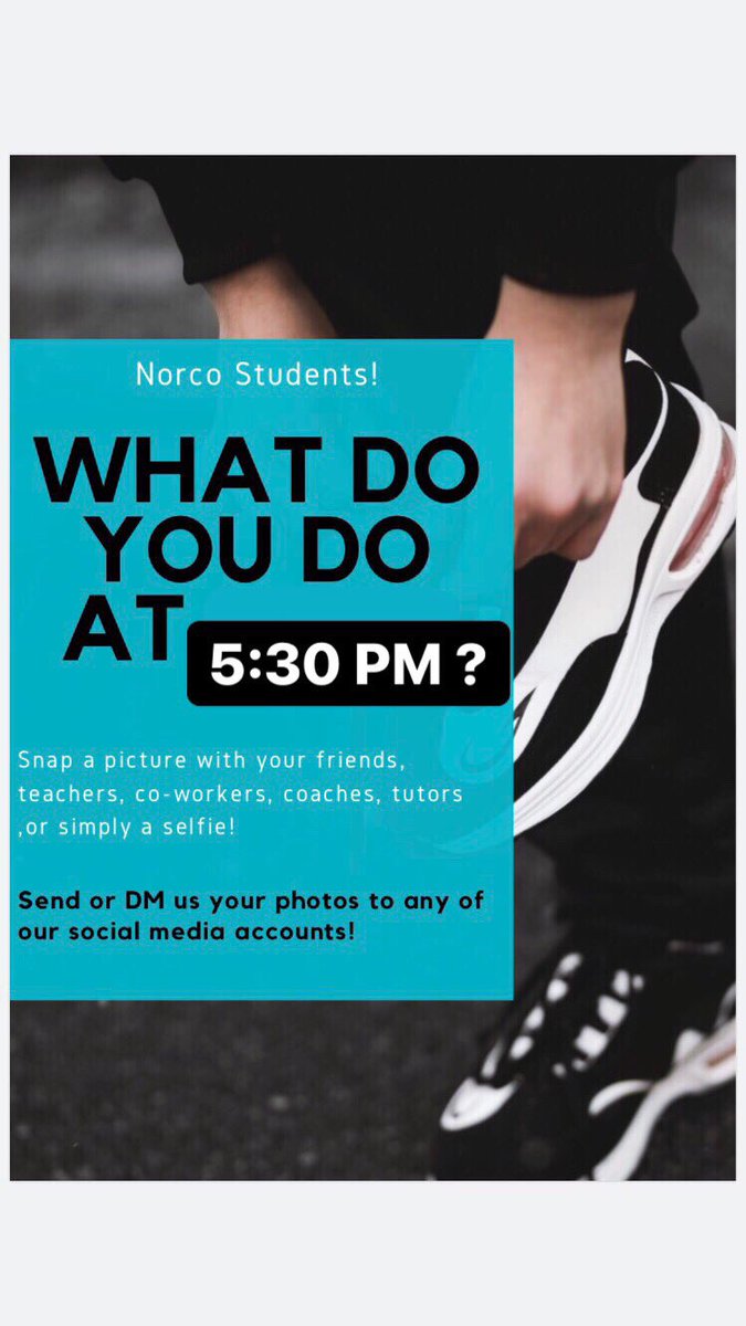 🕠‼️Attention Norco High students! What are you doing at 5:30 pm? Studying, practicing, homework, working, etc⁉️
Snap a picture of what you are doing at today and send us a picture to be feature in a NEW theme page this year! 🕠