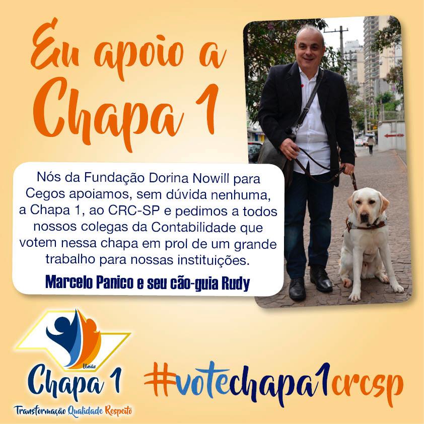 Chapa1CRCSP's tweet photo. Marcelo Panico e seu cão guia Rudy mandam o recado: a Fundação Dorina Nowill para Cegos também apoiam a @Chapa1CRCSP  para as Eleições do @CRCSP_Oficial 2019 

#votechapa1crcsp https://t.co/2ARRDea9oE