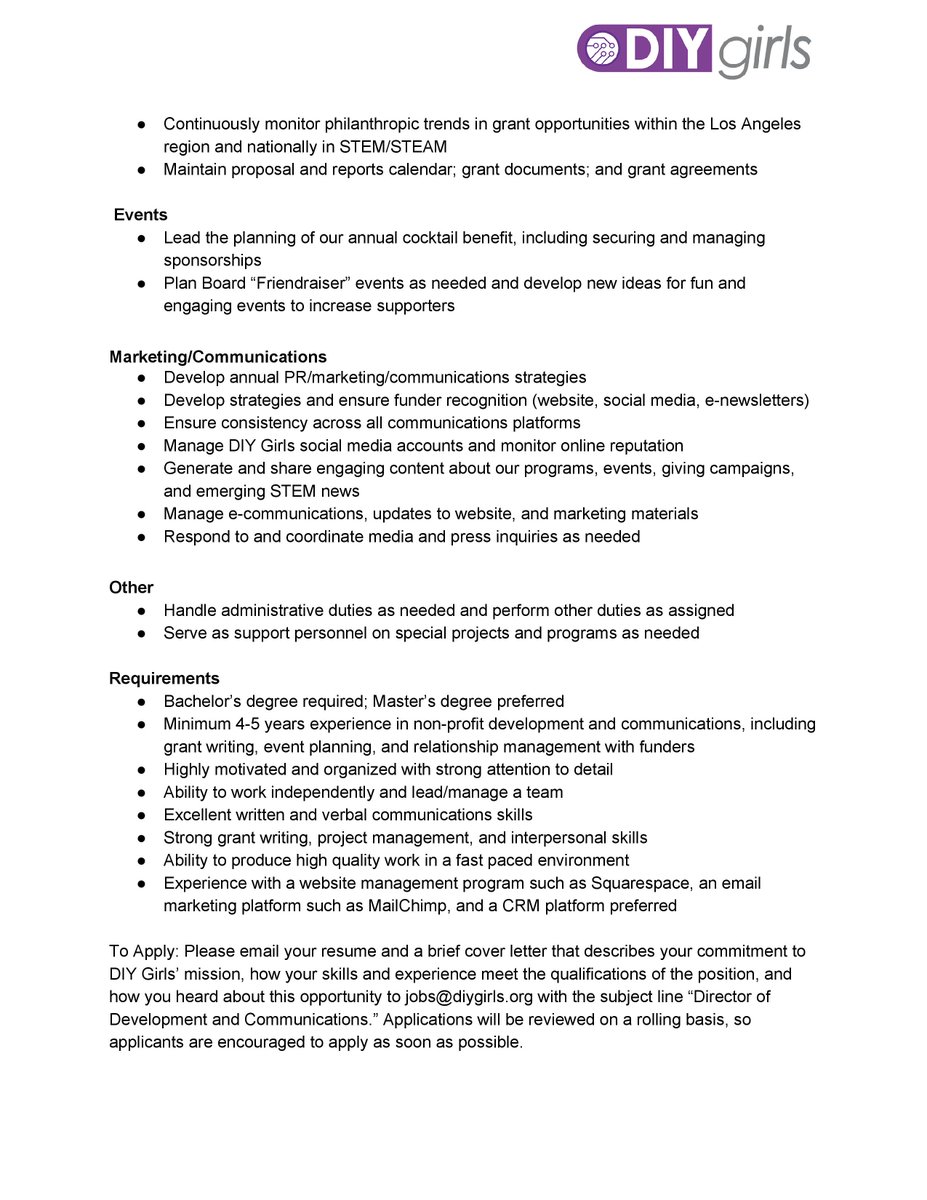AnneAbbot's tweet image. We are hiring a Director of Development and Communications, as well as a Programs and Partnerships Coordinator! If you or anyone you know is interested in applying, check out the job descriptions to learn more.
diygirls.org/team#join-our-…  #diy #D.I.Y #doity…