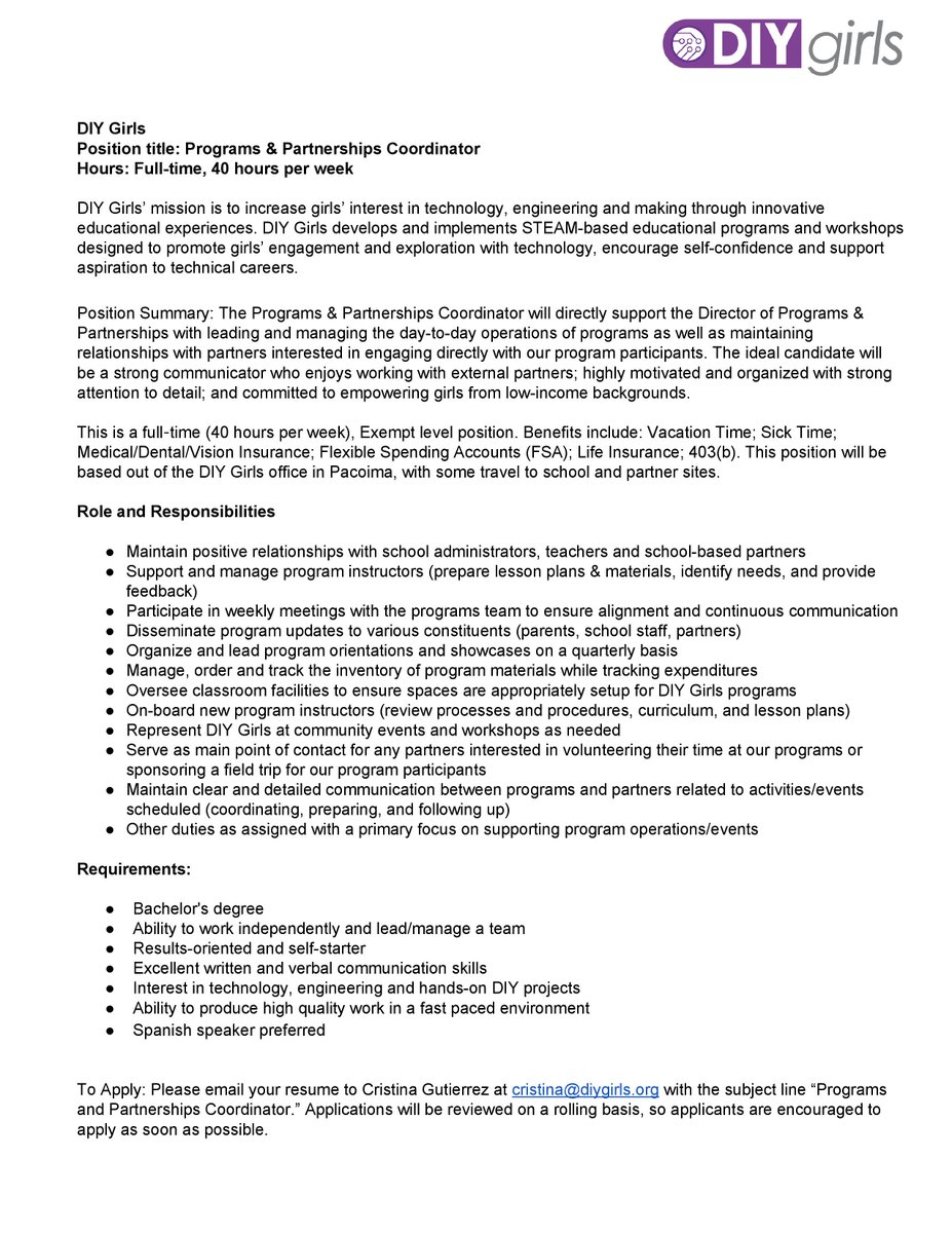 AnneAbbot's tweet image. We are hiring a Director of Development and Communications, as well as a Programs and Partnerships Coordinator! If you or anyone you know is interested in applying, check out the job descriptions to learn more.
diygirls.org/team#join-our-…  #diy #D.I.Y #doity…